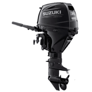 Suzuki-DF30A - Pacific Coast Marine and Diesel Black Suzuki outboard motor for a boat, with steering handle and 30 HP label visible.