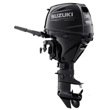 Suzuki-DF30A - Pacific Coast Marine and Diesel Black Suzuki outboard motor for a boat, with steering handle and 30 HP label visible.