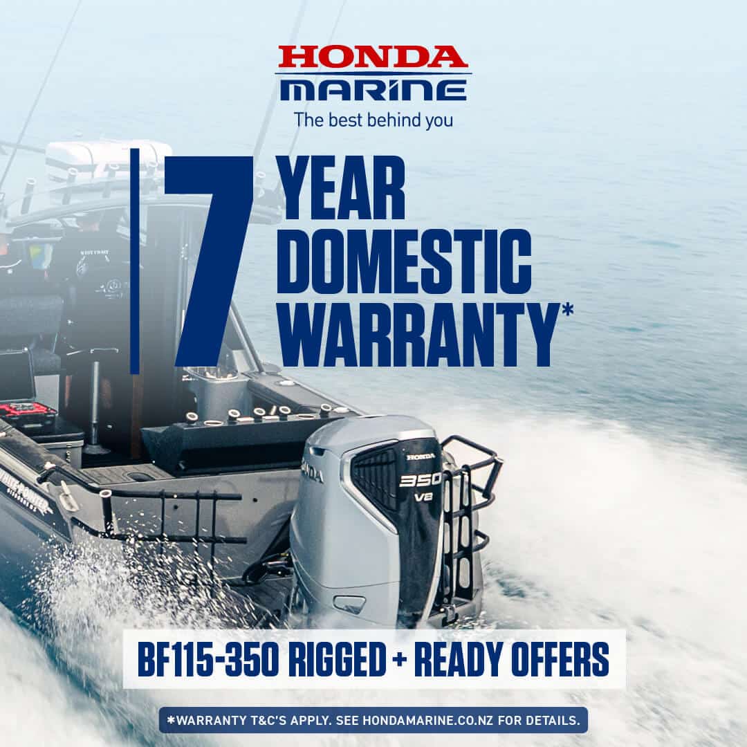 Honda Marine promotional banner advertising a 17-year domestic warranty on a speedboat with an outboard motor visible in the foreground.