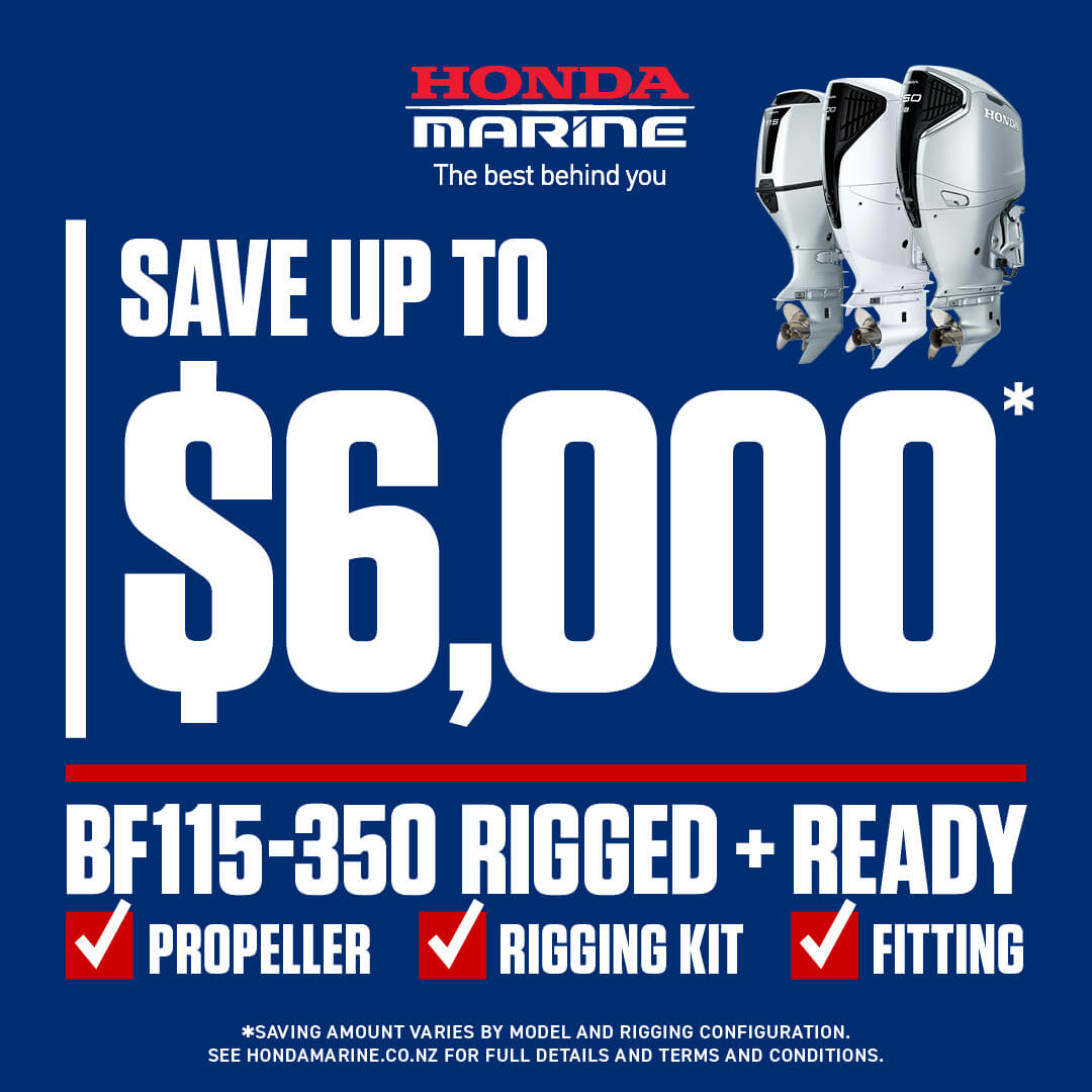 Honda Marine promotional poster on a blue background: three outboard engines at the top right, bold white text 'I SAVE UP TO ,000' and smaller 'BF15-350 RIGGED + READY' with checkmarks for Propeller, Rigging Kit, and Fitting.