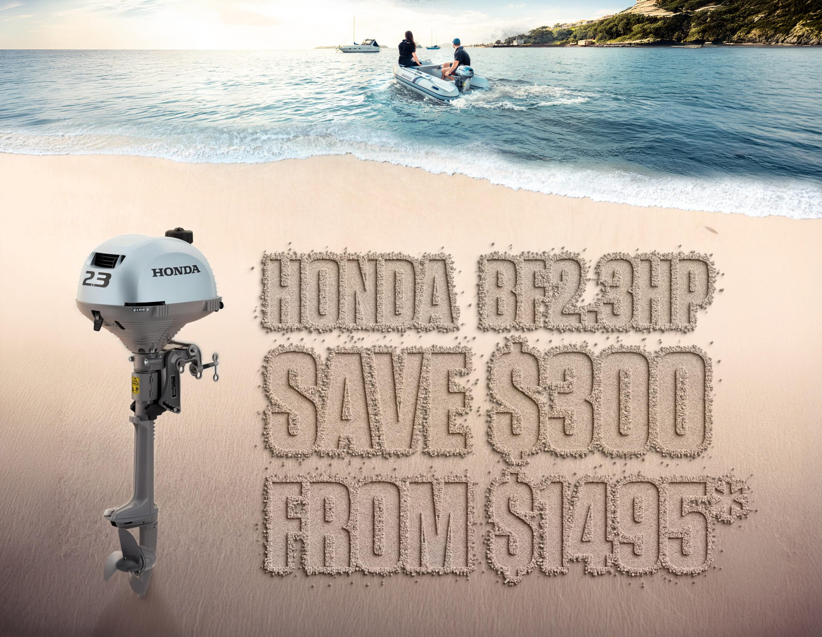 bf2-3-edm-header - Pacific Coast Marine and Diesel Honda outboard motor mounted on a boat on a sandy beach with the ocean and distant boats in the background.