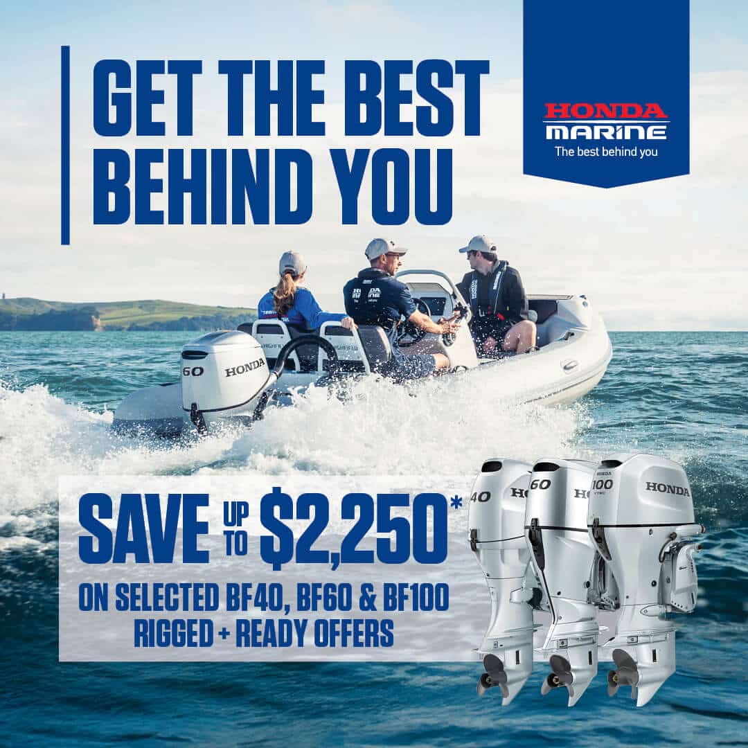 mid-hp-1080-carousel-may-26 - Pacific Coast Marine and Diesel Promotional banner for Honda Marine: speedboat on the water with bold text offering savings up to