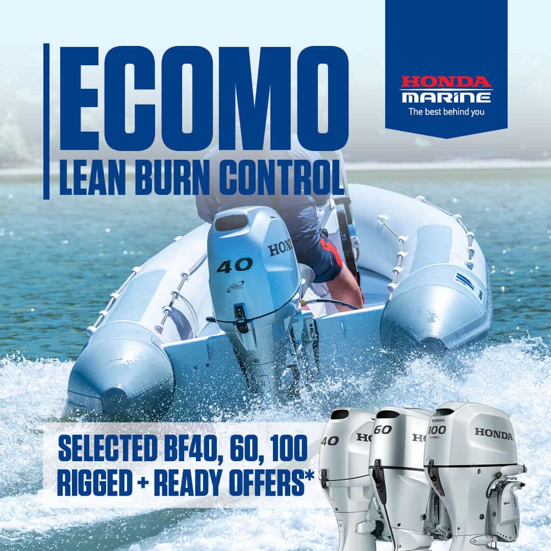 mid-hp-1080-carousel-may-262 - Pacific Coast Marine and Diesel Honda Marine banner: fast boat on blue water with oversized 'ECOMO Lean Burn Control' text and Honda logo, promoting outboard engines.