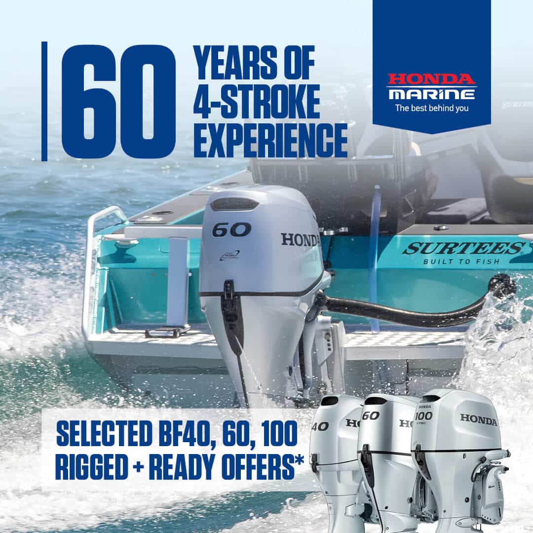 mid-hp-1080-carousel-may-263 - Pacific Coast Marine and Diesel Marine advertisement banner showing a teal boat with Honda outboard motors and bold blue text reading '60 Years of 4-Stroke Experience' and 'Selected BF60, 60, 100… Ready Offers'