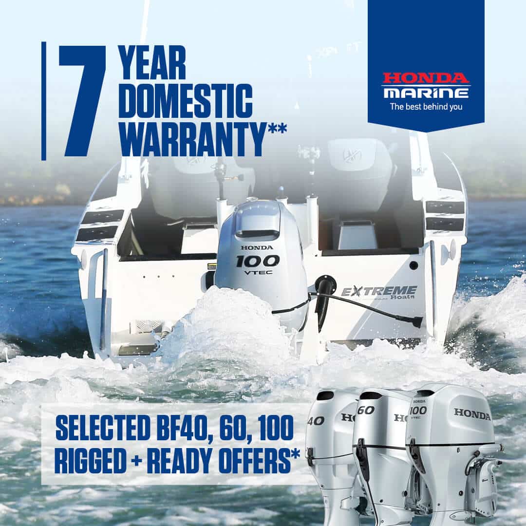 mid-hp-1080-carousel-may-264 - Pacific Coast Marine and Diesel Honda Marine advertisement showing a white boat on the water with a large blue “7 YEAR DOMESTIC WARRANTY” slogan; foreground shows three outboard engines and a Honda Marine banner/logo, plus bottom text: “SELECTED BF40, 60, 100 RIGGED + READY OFFERS.”