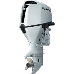 BF115 - Pacific Coast Marine and Diesel Side view of a Honda 115 outboard boat motor with the propeller visible on the lower unit, shown from the side.