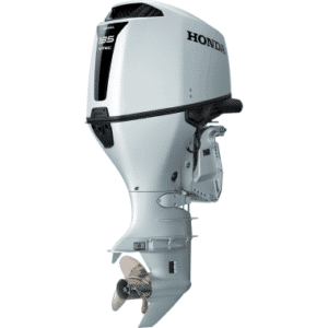 BF135 - Pacific Coast Marine and Diesel Honda 195 VTEC outboard motor shown in light gray, side view with propeller and branding visible.