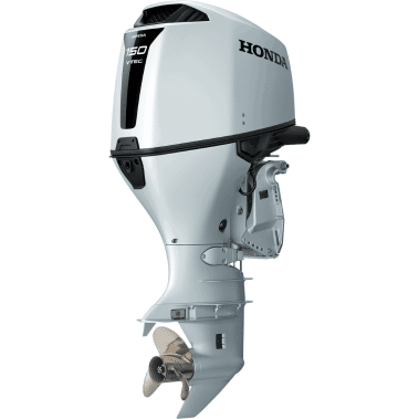 BF150 - Pacific Coast Marine and Diesel White Honda 150hp outboard motor with propeller, shown from the side.