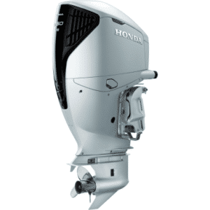 BF250 - Pacific Coast Marine and Diesel Side view of a silver Honda outboard boat motor, showing the lower unit and prop shaft, labeled 350 HP.