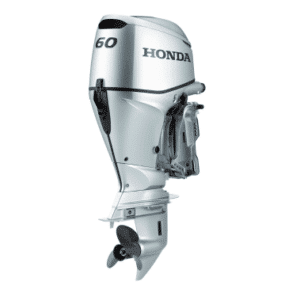 Honda 60 horsepower outboard motor, silver, side view for boats.