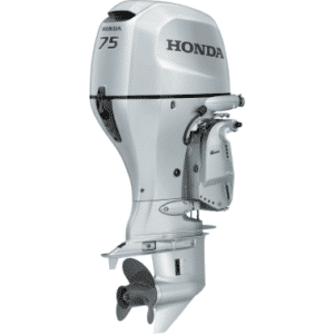 Honda 75 outboard motor for a boat, showing the propeller and stern mounting bracket.