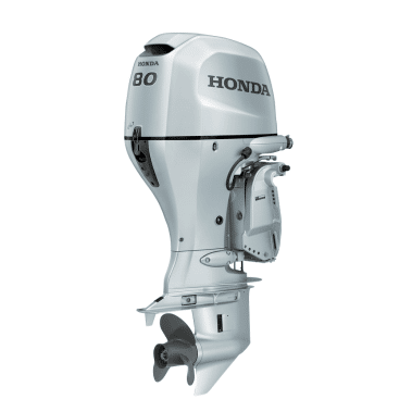 BF80 - Pacific Coast Marine and Diesel Silver Honda 80 outboard boat motor, mounted with propeller visible beneath the transom shelf.