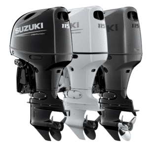 DF115 Triple - Pacific Coast Marine and Diesel Three outboard boat motors (Suzuki 115) shown in black, white, and gray, side-by-side profile.