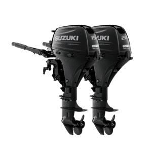 DF15 DF20m Double - Pacific Coast Marine and Diesel Pair of black Suzuki outboard motors mounted side by side on a transom, ready to power a boat with visible 'SUZUKI' branding and model numbers 150K and 200K on the cowlings
