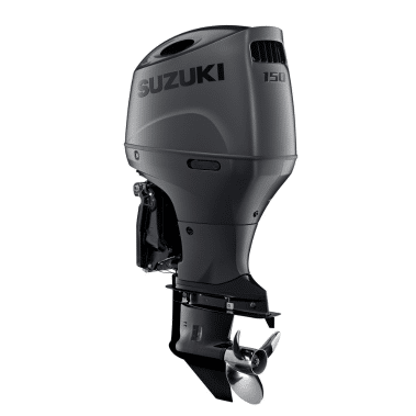 DF150ATSS Stealth Diagonal - Pacific Coast Marine and Diesel Suzuki 150 outboard motor mounted on a boat, with propeller visible at the bottom.
