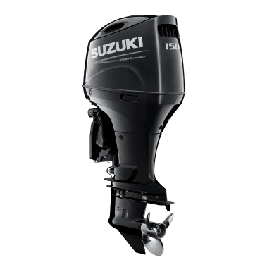 DF150apx - Pacific Coast Marine and Diesel Suzuki outboard motor in black, side view with propeller visible beneath.