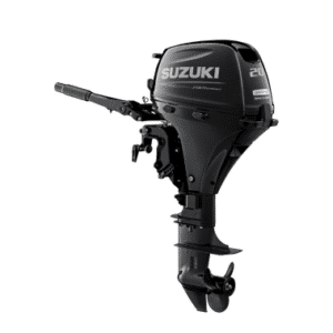 Suzuki outboard motor (20 hp) with tiller handle, side view