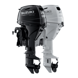 DF25-DF30 Double - Pacific Coast Marine and Diesel Two Suzuki outboard motors mounted side by side, one black and one gray, displaying their propellers and lower units.