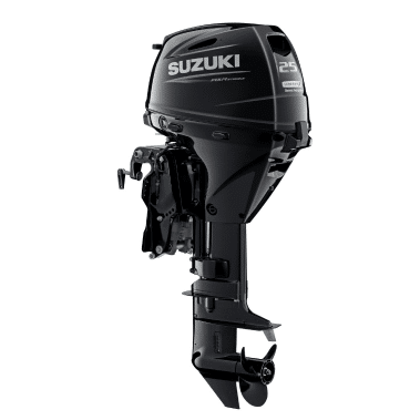 DF25 Scaled - Pacific Coast Marine and Diesel Outboard boat motor in black with Suzuki branding and 25 hp label, mounted on a transom