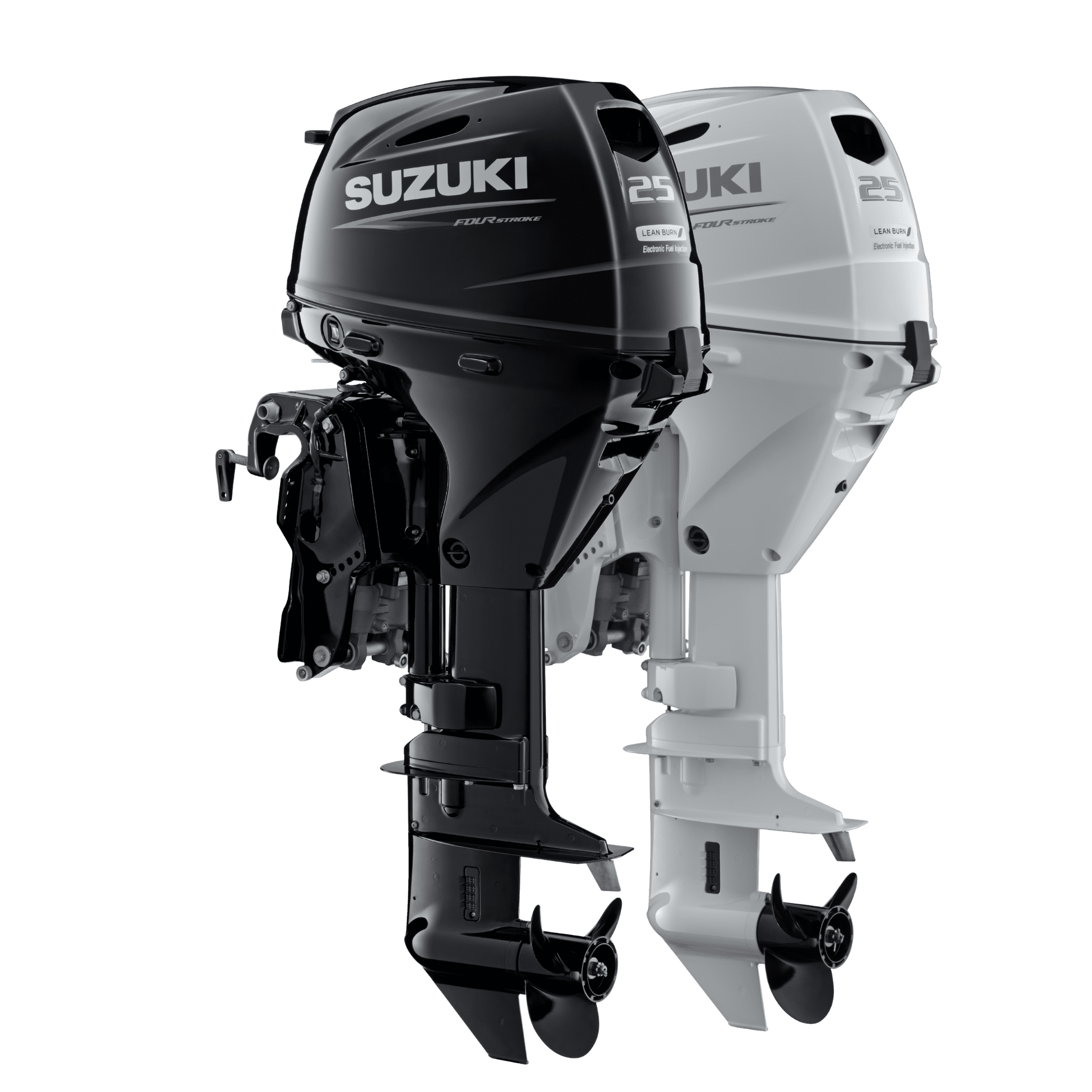 DF25 double - Pacific Coast Marine and Diesel Two Suzuki four-stroke outboard engines mounted side by side, black and gray, with visible propellers and mounting hardware on the lower units era of a boat stern (informative)