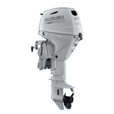 DF25W Scaled - Pacific Coast Marine and Diesel Silver Suzuki outboard boat motor with propeller and mounting hardware
