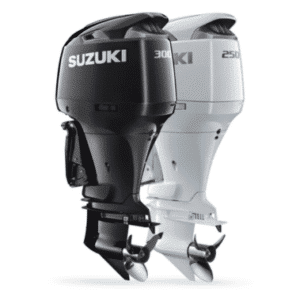DF300 -DF250 - Pacific Coast Marine and Diesel Pair of Suzuki outboard boat engines (300 hp in black and 250 hp in white) with visible propellers.