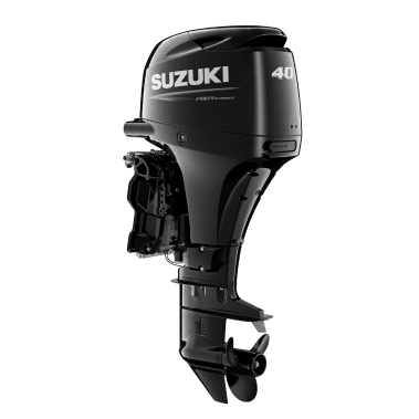 DF40 Black - Pacific Coast Marine and Diesel Black Suzuki outboard motor, 40 HP, shown from the side with propeller below and mounting bracket visible.