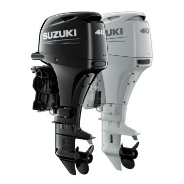 DF40 Double - Pacific Coast Marine and Diesel Two Suzuki outboard motors (40 HP) shown side by side, one black and one light gray, viewed from the rear with visible propeller shafts.