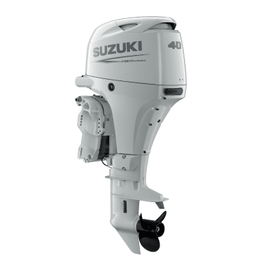 DF40 White - Pacific Coast Marine and Diesel Suzuki 40 outboard motor for boats with propeller visible from the side view