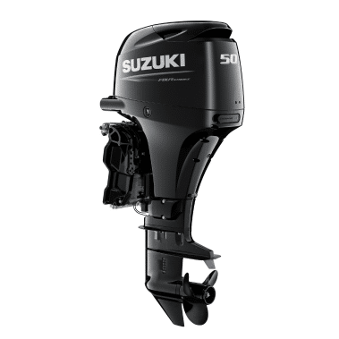 DF50 Black - Pacific Coast Marine and Diesel Suzuki 50 horsepower outboard motor in black with propeller and mounting bracket visible on a white background, rear view perspective.