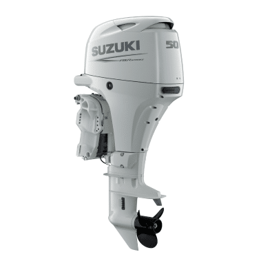DF50 White - Pacific Coast Marine and Diesel Suzuki 50 horsepower outboard motor in white, showing the propeller and lower unit mounted for a boat.