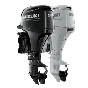 Pair of Suzuki 50 four-stroke outboard motors side by side, black and gray, with propellers visible