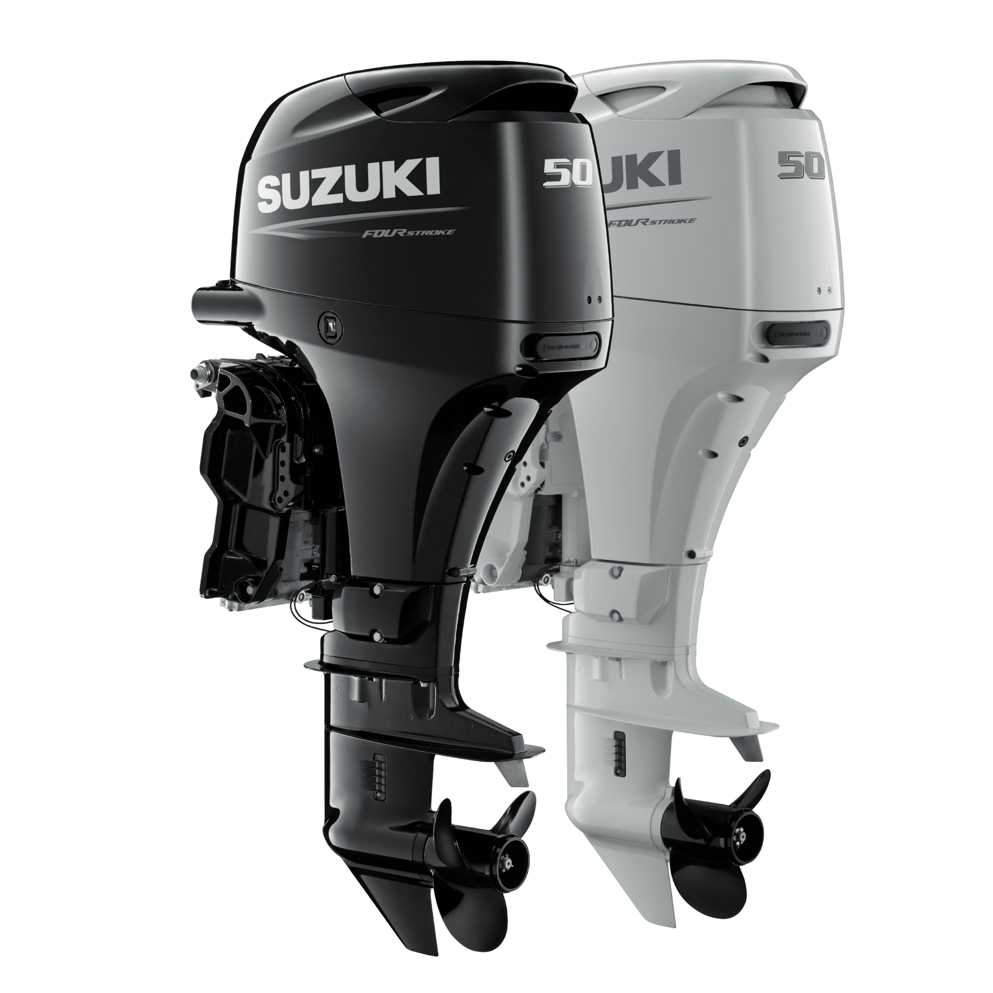 DF50 double - Pacific Coast Marine and Diesel Pair of Suzuki 50 four-stroke outboard motors side by side, black and gray, with propellers visible