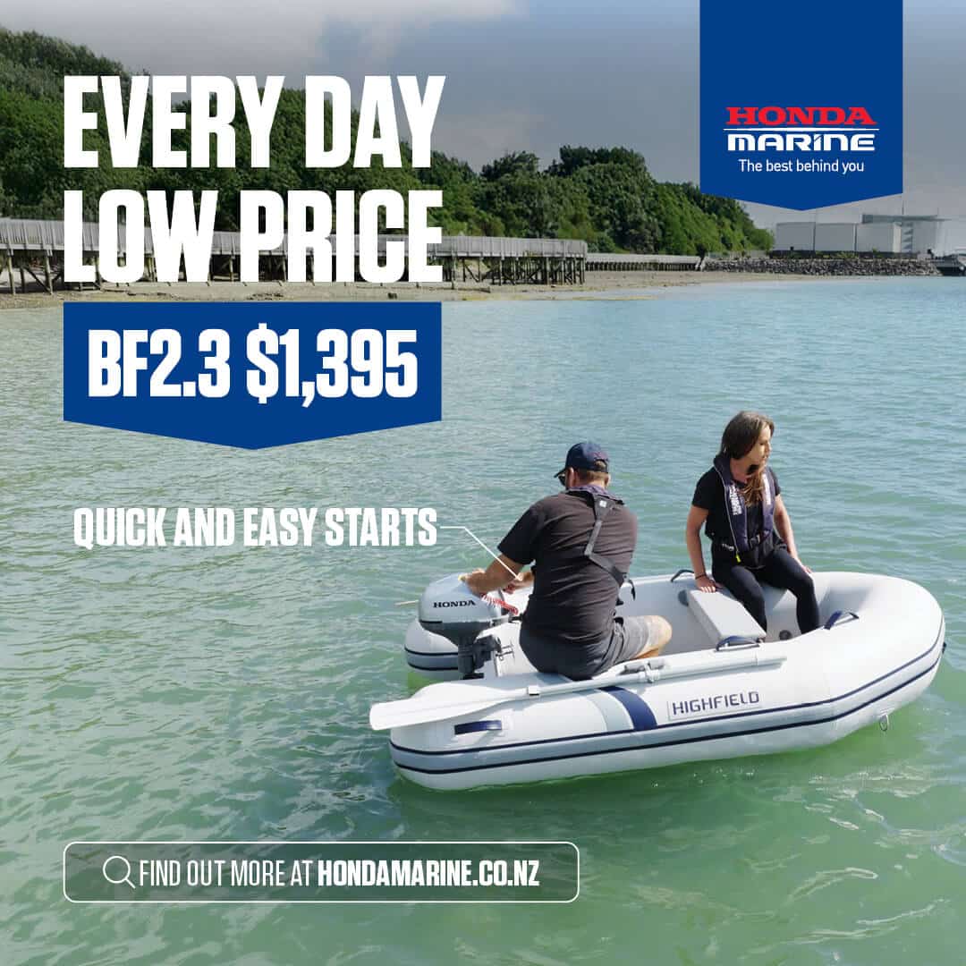 Honda Marine advertisement: two people in a white inflatable Highfield boat on turquoise water with bold price BF2.3  alt=