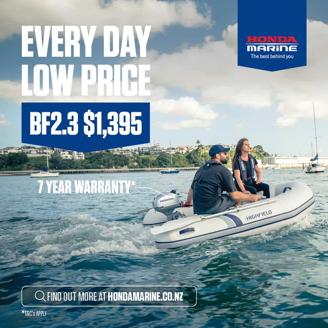 Honda Marine ad: two people sit in a white inflatable Highfield boat on the water with bold 'Every Day Low Price' and 'BF2.3  alt=